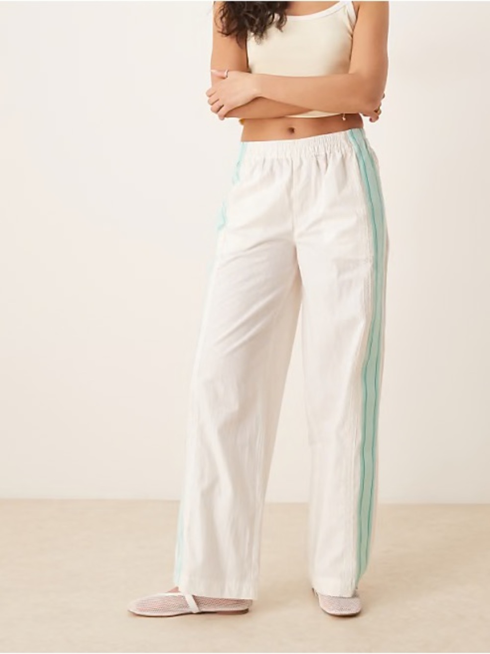 Free People White Wide Leg Pants with Mint Green Stripes - Picture 3 of 10